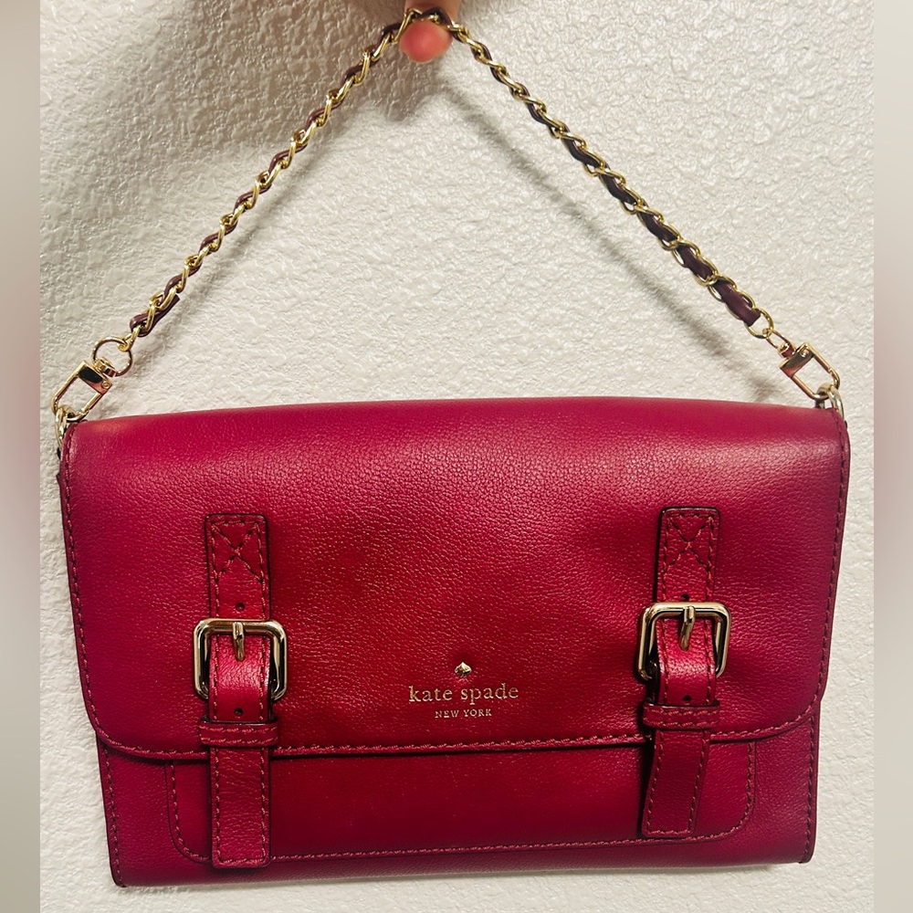 Kate Spade Burgundy Leather Chain-Trim Satchel Crossbody Bag - Picture 2 of 8